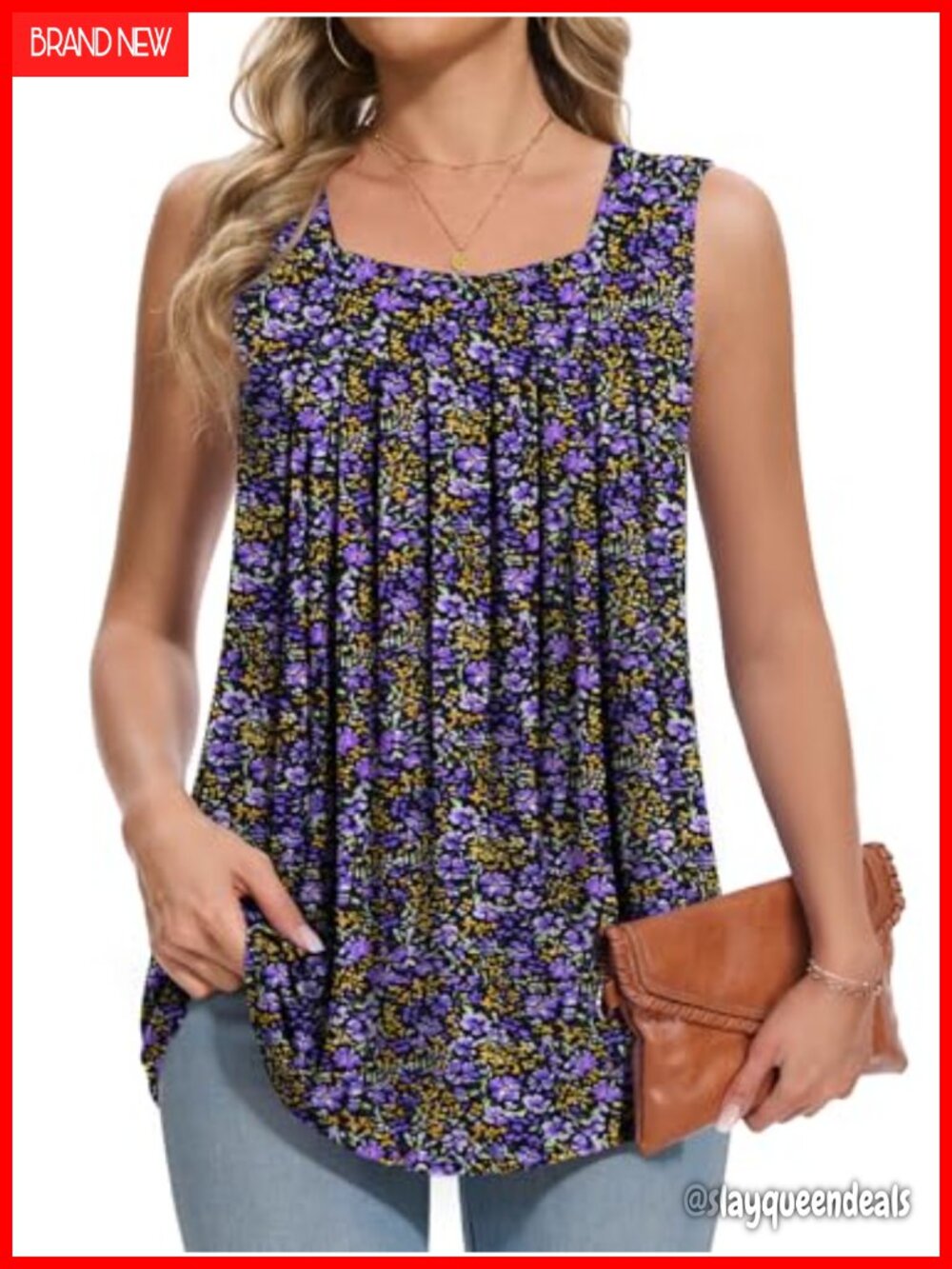 Sleeveless Tank Top Square Neck Flowy Pleated Loose Fit Pull On Summer Casual